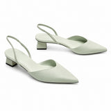 Sandales Femme Chic À Talon Carré Moderne vert pastel avec bout pointu, bride arrière fine, petit talon carré et design minimaliste élégant pour le quotidien et les occasions habillées.