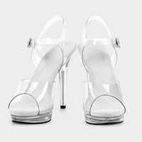 Sandales À Talon Aiguille Transparent Effet Cristal avec brides transparentes, bride réglable à la cheville, plateforme argentée scintillante, bout ouvert et talons aiguilles transparents pour un style élégant et raffiné.
