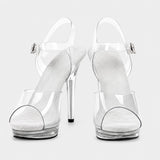 Sandales À Talon Aiguille Transparent Effet Cristal avec brides transparentes, bride réglable à la cheville, plateforme argentée scintillante, bout ouvert et talons aiguilles transparents pour un style élégant et raffiné.