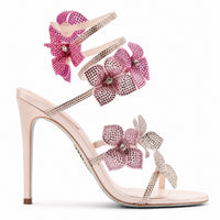 Sandales à Talons avec Sangle Fleur en Cristal, brides fines ornées de strass, fleurs en cristal rose et talons hauts