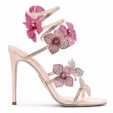 Sandales à Talons avec Sangle Fleur en Cristal, brides fines ornées de strass, fleurs en cristal rose et talons hauts