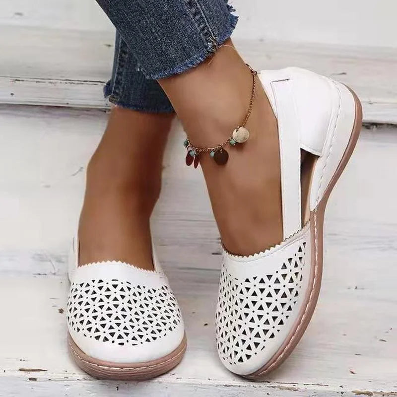 Sandales Compensées Femme En Cuir - Plateforme Découpée, Bout Ouvert - Confort, Réflexologie, Style Décontracté